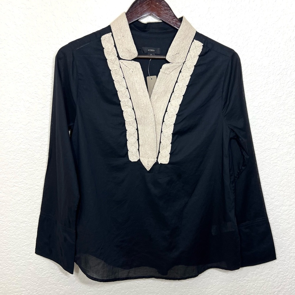 J. Crew Soutache trim tunic top in cotton voile Black and tan Size S New